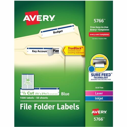 Permanent TrueBlock File Folder Labels with Sure Feed Technology, 0.66 x 3.44, Blue/White, 30/Sheet, 50 Sheets/Box