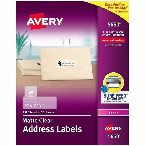 MATTE CLEAR EASY PEEL MAILING LABELS W/ SURE FEED TECHNOLOGY, LASER PRINTERS, 1 X 2.63, CLEAR, 30/SHEET, 50 SHEETS/BOX