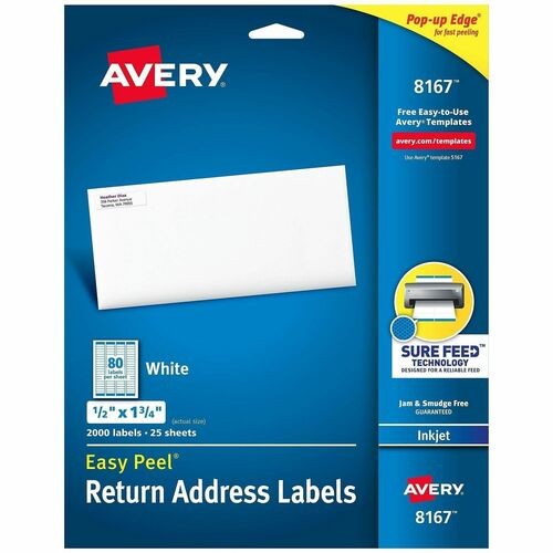 EASY PEEL WHITE ADDRESS LABELS W/ SURE FEED TECHNOLOGY, INKJET PRINTERS, 0.5 X 1.75, WHITE, 80/SHEET, 25 SHEETS/PACK