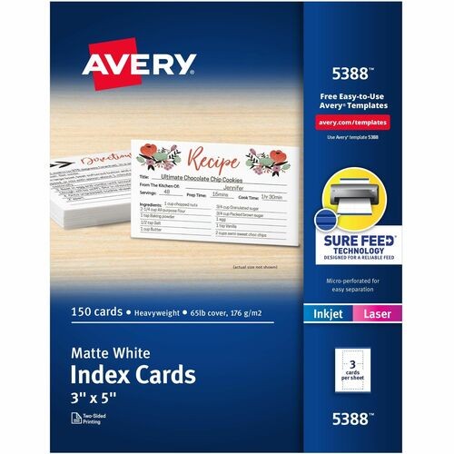 Printable Index Cards With Sure Feed, Unruled, Inkjet/laser, 3 X 5, White, 150 Cards, 3 Cards/sheet, 50 Sheets/box
