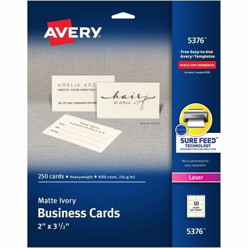 Printable Microperforated Business Cards with Sure Feed Technology, Laser, 2 x 3.5, Ivory, 10/Sheet, 25 Sheets/Pack