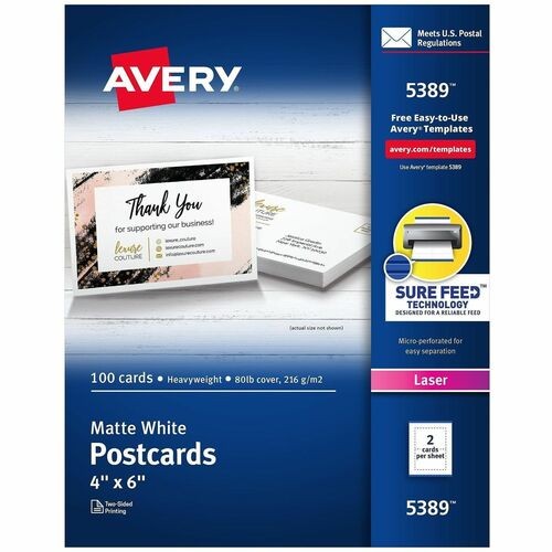 Printable Postcards, Laser, 80 lb, 4 x 6, Matte White, 100 Cards, 2/Cards/Sheet, 50 Sheets/Box