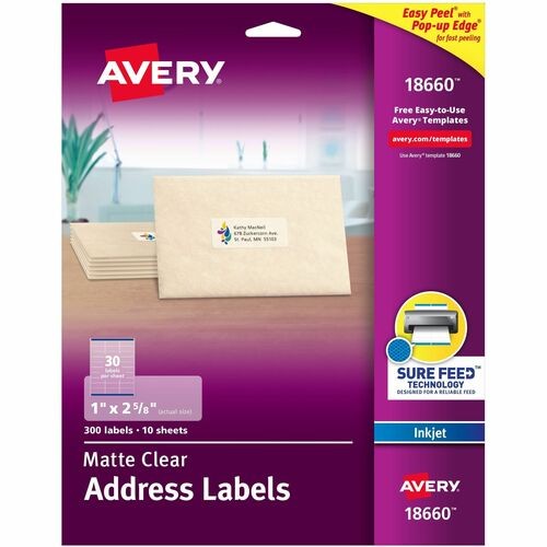 Matte Clear Easy Peel Mailing Labels W/ Sure Feed Technology, Inkjet Printers, 1 X 2.63, Clear, 30/sheet, 10 Sheets/pack