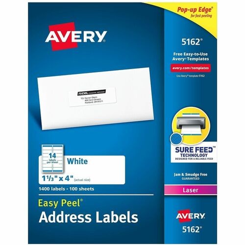 Easy Peel White Address Labels W/ Sure Feed Technology, Laser Printers, 1.33 X 4, White, 14/sheet, 100 Sheets/box
