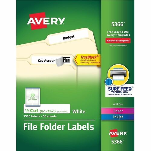 PERMANENT TRUEBLOCK FILE FOLDER LABELS WITH SURE FEED TECHNOLOGY, 0.66 X 3.44, WHITE, 30/SHEET, 50 SHEETS/BOX