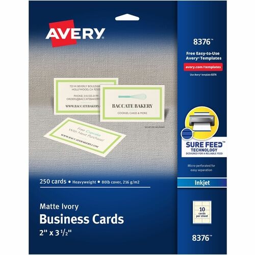 Printable Microperforated Business Cards with Sure Feed Technology, Inkjet, 2 x 3.5, Ivory, 10/Sheet, 25 Sheets/Pack