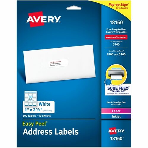 Easy Peel White Address Labels With Sure Feed Technology, Inkjet Printers, 1 X 2.63, White, 30/sheet, 10 Sheets/pack