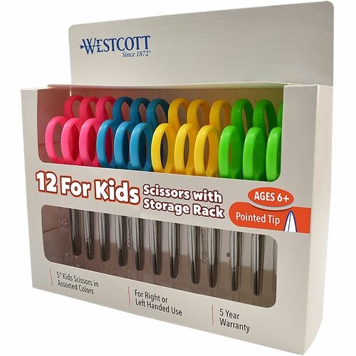 For Kids Scissors Teacher's Pack, Pointed Tip, 5" Long, 1.75" Cut Length, Straight Assorted Color Handles, 12/Pack