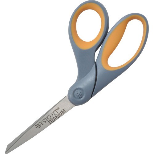 Titanium Bonded Scissors, 8" Long, 3.5" Cut Length, Crane-Style Gray/Yellow Handle