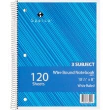 Notebooks, 3 Subject, 3HP, 10-1/2"x8", Wide Ruled, 120 Sht, AST