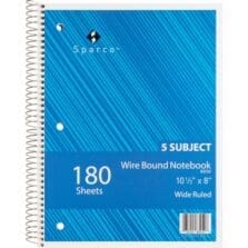 Notebooks, 5 Subject, 3HP, 10-1/2"x8", Wide Ruled, 180 Sht, AST