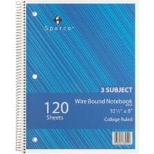 Notebook, 3 Subject, 10-1/2"x8", College Ruled, 120 Sht, AST