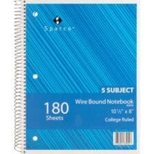 Notebook, 5 Subject, 10-1/2"x8", College Ruled, 180 Sht, AST