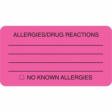 "Allergy/Drug Reaction" Label, 3-1/4"x1-3/4", 250/RL, FL Pink