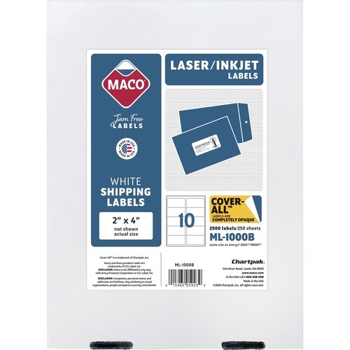 Cover-All Opaque Laser/inkjet Shipping Labels, Inkjet/laser Printers, 2 X 4, White, 10 Labels/sheet, 250 Sheets/box