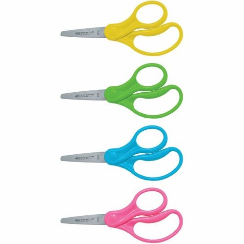 For Kids Scissors, Pointed Tip, 5" Long, 1.75" Cut Length, Straight Handle, Randomly Assorted Handle Color