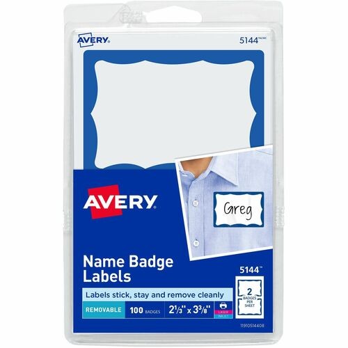 PRINTABLE ADHESIVE NAME BADGES, 3.38 X 2.33, BLUE BORDER, 100/PACK