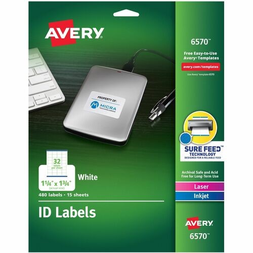 PERMANENT ID LABELS W/ SURE FEED TECHNOLOGY, INKJET/LASER PRINTERS, 1.25 X 1.75, WHITE, 32/SHEET, 15 SHEETS/PACK