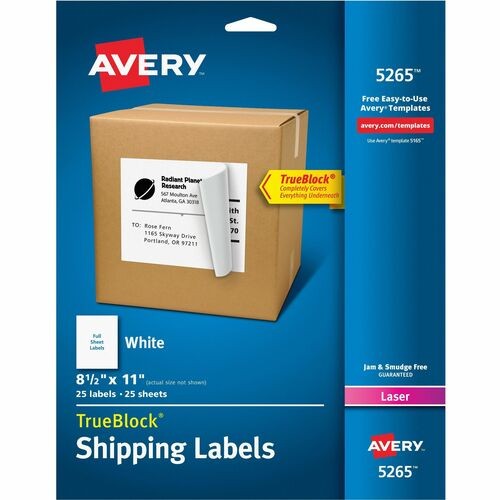 SHIPPING LABELS WITH TRUEBLOCK TECHNOLOGY, LASER PRINTERS, 8.5 X 11, WHITE, 25/PACK