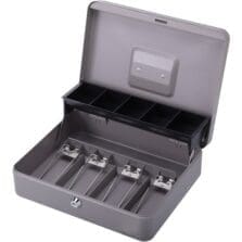 Cash Box, 5 Comptmts, Spring Clips, 10-1/2"x7-3/8"x4-1/2", GY