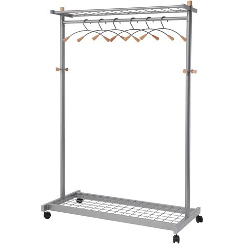Garment Racks, Two-Sided, 2-Shelf Coat Rack, 6 Hanger/6 Hook, 44.8w x 21.67d x 70.8h, Silver/Wood