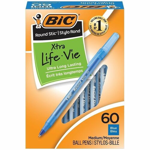 ROUND STIC XTRA LIFE BALLPOINT PEN VALUE PACK, STICK, MEDIUM 1 MM, BLUE INK, TRANSLUCENT BLUE BARREL, 60/BOX