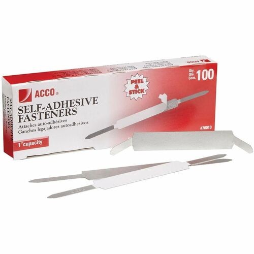 Self-Adhesive Two-Prong Paper Fastener Bases, 1" Capacity, 2.75" Center to Center, Matte Steel, 100/Box