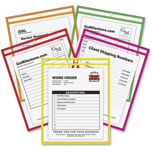 Neon Stitched Shop Ticket Holders, Super Heavy-Duty, Top Load 9 x 12 Insert, Clear Front, Assorted Neon Border Colors, 10/Box