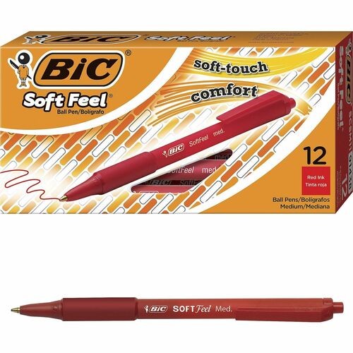 SOFT FEEL BALLPOINT PEN, RETRACTABLE, MEDIUM 1 MM, RED INK, RED BARREL, DOZEN
