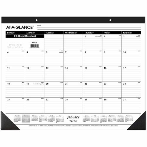 Ruled Desk Pad, 22 x 17, White Sheets, Black Binding, Black Corners, 12-Month (Jan to Dec): 2026