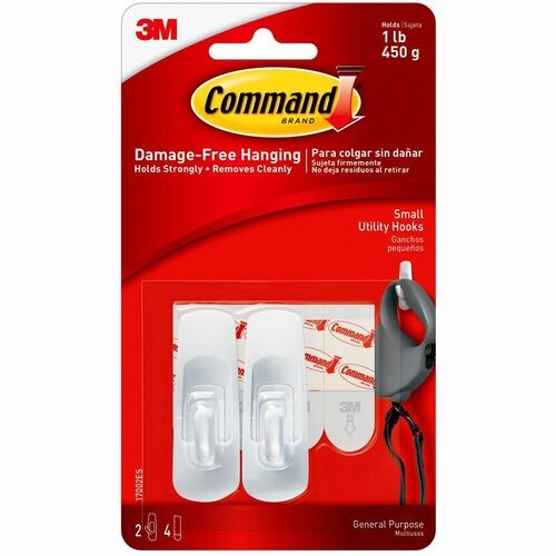 Command Hooks, Small, 1lb. Capacity, 2 Hooks/4 Strips, 6/BG, WE