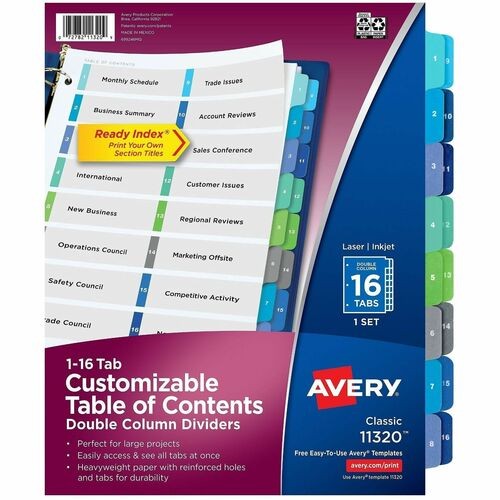 Customizable TOC Ready Index Double Column Multicolor Tab Dividers, 16-Tab, 1 to 16, 11 x 8.5, White, 1 Set