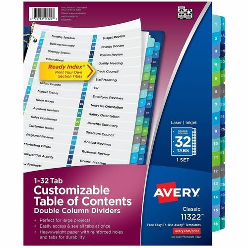 Customizable TOC Ready Index Double Column Multicolor Tab Dividers, 32-Tab, 1 to 32, 11 x 8.5, White, 1 Set