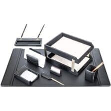 Desk Set, Top-Grain Leather, 10-Piece, Black