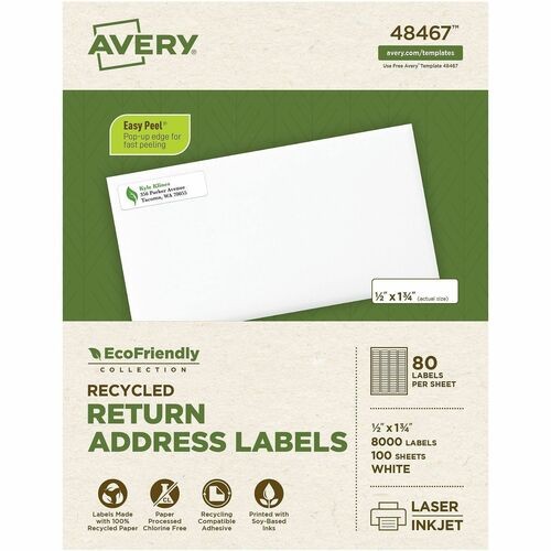 ECOFRIENDLY MAILING LABELS, INKJET/LASER PRINTERS, 0.5 X 1.75, WHITE, 80/SHEET, 100 SHEETS/PACK