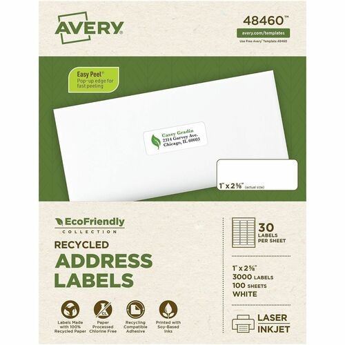 ECOFRIENDLY MAILING LABELS, INKJET/LASER PRINTERS, 1 X 2.63, WHITE, 30/SHEET, 100 SHEETS/PACK