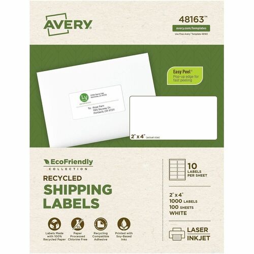 ECOFRIENDLY MAILING LABELS, INKJET/LASER PRINTERS, 2 X 4, WHITE, 10/SHEET, 100 SHEETS/PACK