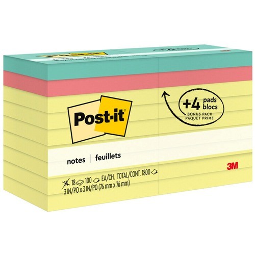 Original Pads Assorted Value Pack, 3 x 3, (14) Canary Yellow, (4) Poptimistic Collection Colors, 100 Sheets/Pad, 18 Pads/Pack