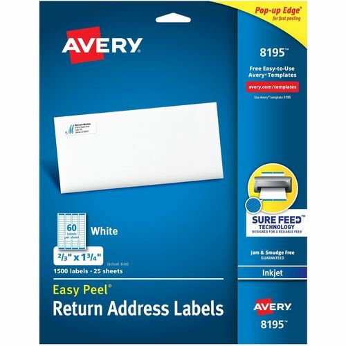 EASY PEEL WHITE ADDRESS LABELS W/ SURE FEED TECHNOLOGY, INKJET PRINTERS, 0.66 X 1.75, WHITE, 60/SHEET, 25 SHEETS/PACK