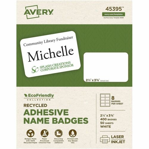 ECOFRIENDLY ADHESIVE NAME BADGE LABELS, 3.38 X 2.33, WHITE, 400/BOX