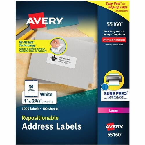 Repositionable Address Labels w/SureFeed, Laser, 1 x 2.63, White, 3000/Box