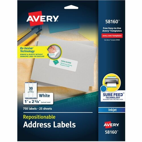 Repositionable Address Labels w/SureFeed, Inkjet/Laser, 1 x 2.63, White, 750/BX