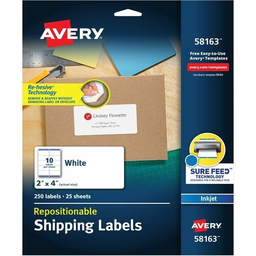REPOSITIONABLE ADDRESS LABELS W/SURE FEED, INKJET/LASER, 2 X 4, WHITE, 250/BOX