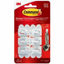 Command Hooks, Mini, 1/2lb Cap, 6 Hooks/8 Strips, 6/PK, WE