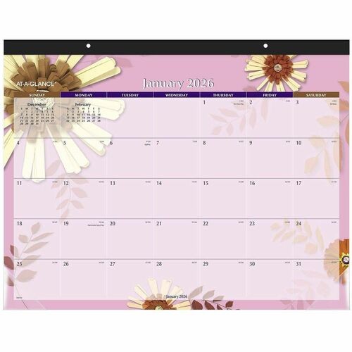 Paper Flowers Desk Pad, Floral Artwork, 22 x 17, Black Binding, Clear Corners, 12-Month (Jan to Dec): 2026