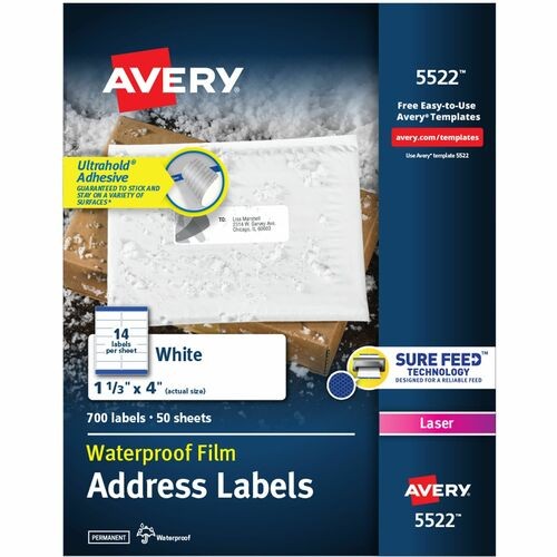 Waterproof Address Labels With Trueblock And Sure Feed, Laser Printers, 1.33 X 4, White, 14/sheet, 50 Sheets/pack