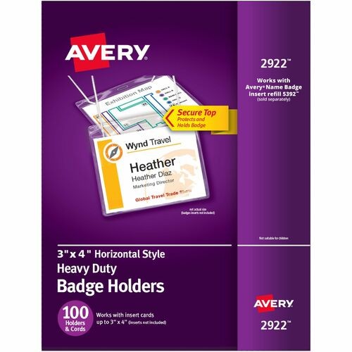 Secure Top Hanging-Style Badge Holders, Horizontal, 4w X 3h, Clear, 100/box