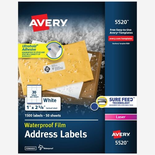 Waterproof Address Labels With Trueblock And Sure Feed, Laser Printers, 1 X 2.63, White, 30/sheet, 50 Sheets/pack