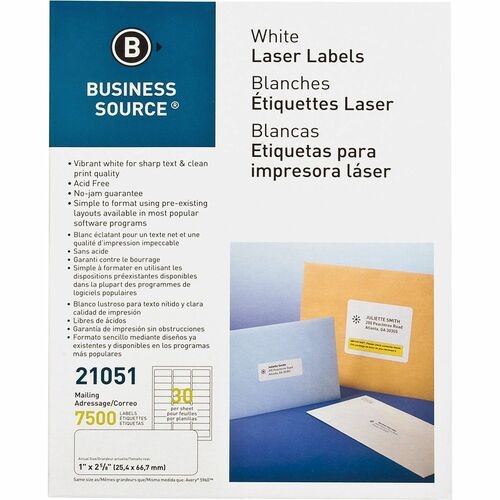 Mailing Labels, Laser/Inkjet, 1"x2-5/8", 7500/PK, White
