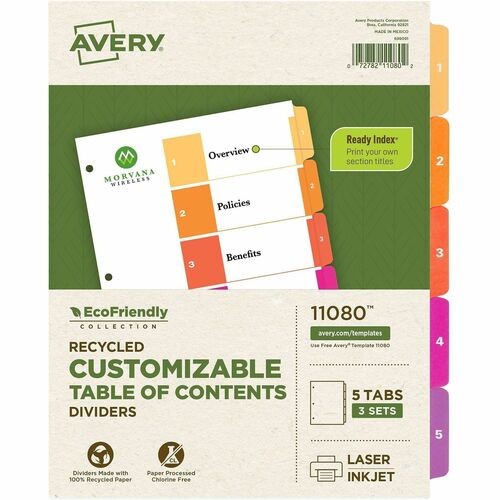 CUSTOMIZABLE TABLE OF CONTENTS READY INDEX DIVIDERS WITH MULTICOLOR TABS, 5-TAB, 1 TO 5, 11 X 8.5, WHITE, 3 SETS